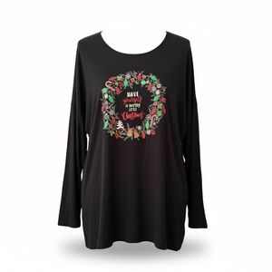 Festive Black Long Sleeve Top with Christmas Wreath